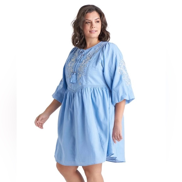 Black Tape Embroidered Cotton Peasant Dress - Picture 1 of 13